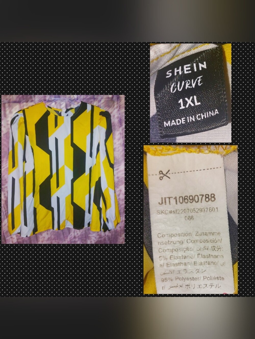 Shein brand Yellow/Black/White Geometric Print Soft Woven Blouse Sz 1XL